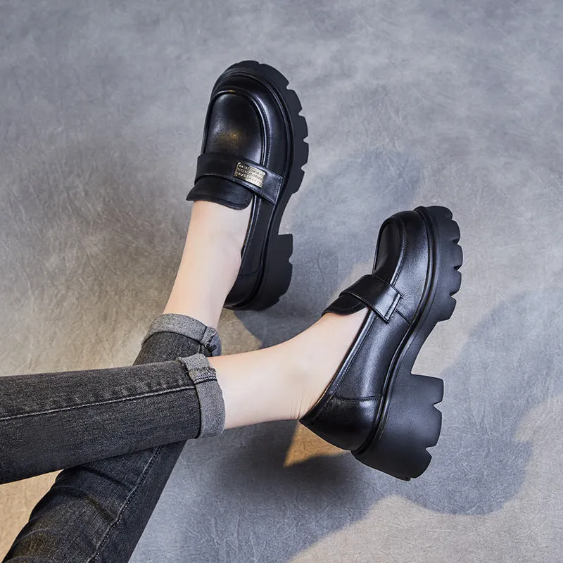 Women Retro Leather Chunky Platform Casual Loafers