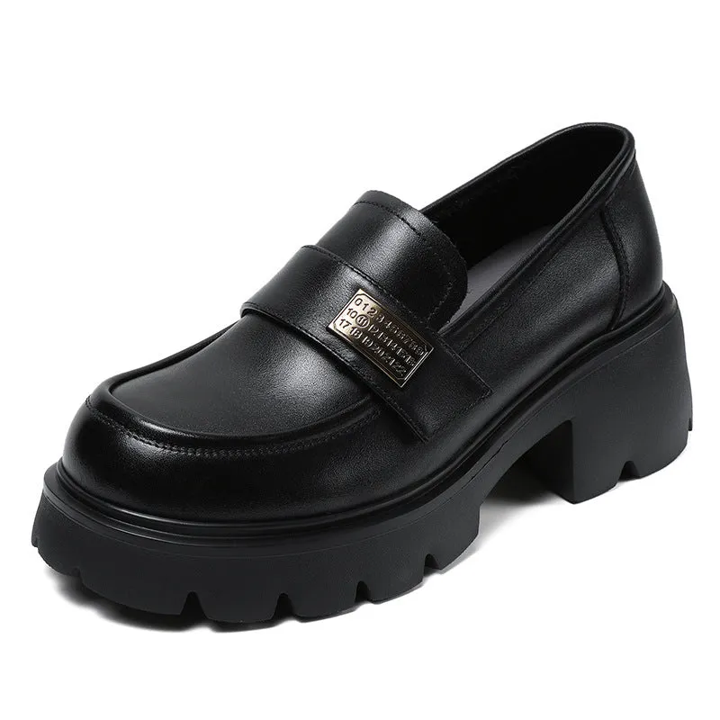 Women Retro Leather Chunky Platform Casual Loafers