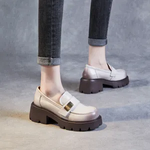 Women Retro Leather Chunky Platform Casual Loafers