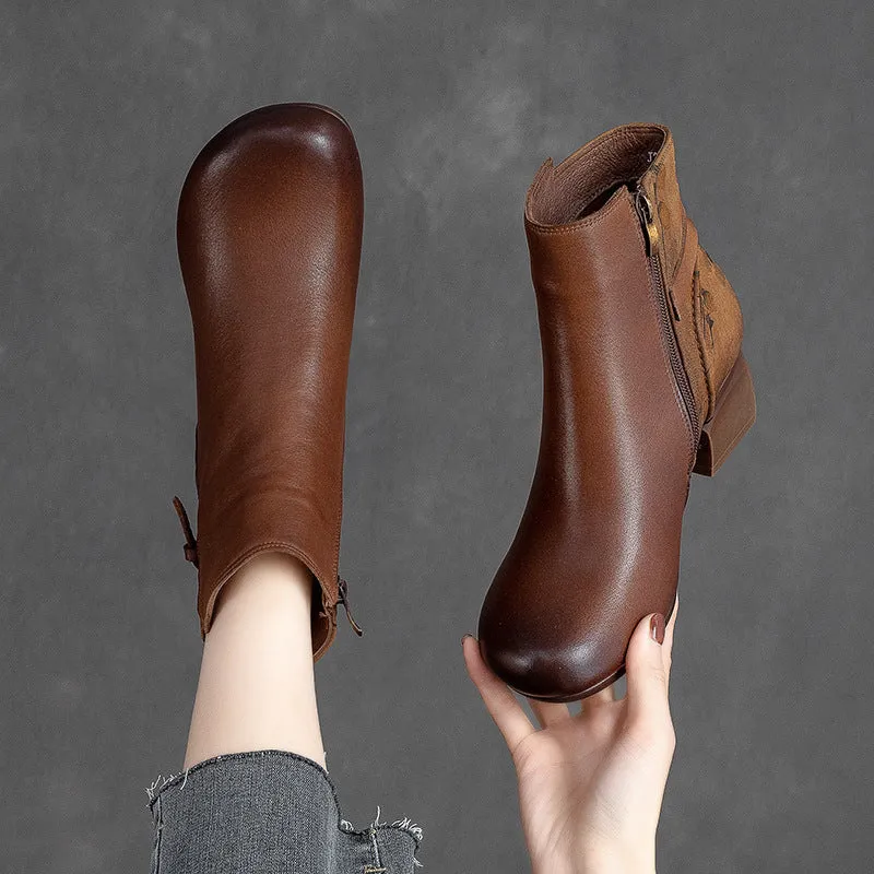 Women Retro Patchwork Handmade Chunky Heel Boots