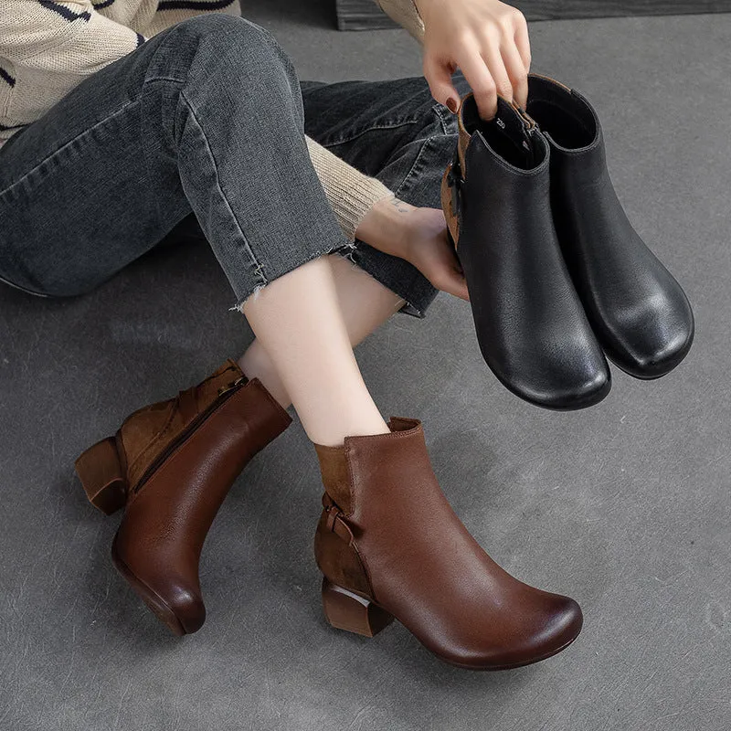 Women Retro Patchwork Handmade Chunky Heel Boots
