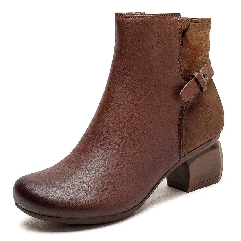 Women Retro Patchwork Handmade Chunky Heel Boots