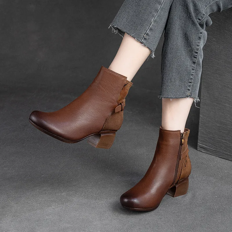 Women Retro Patchwork Handmade Chunky Heel Boots