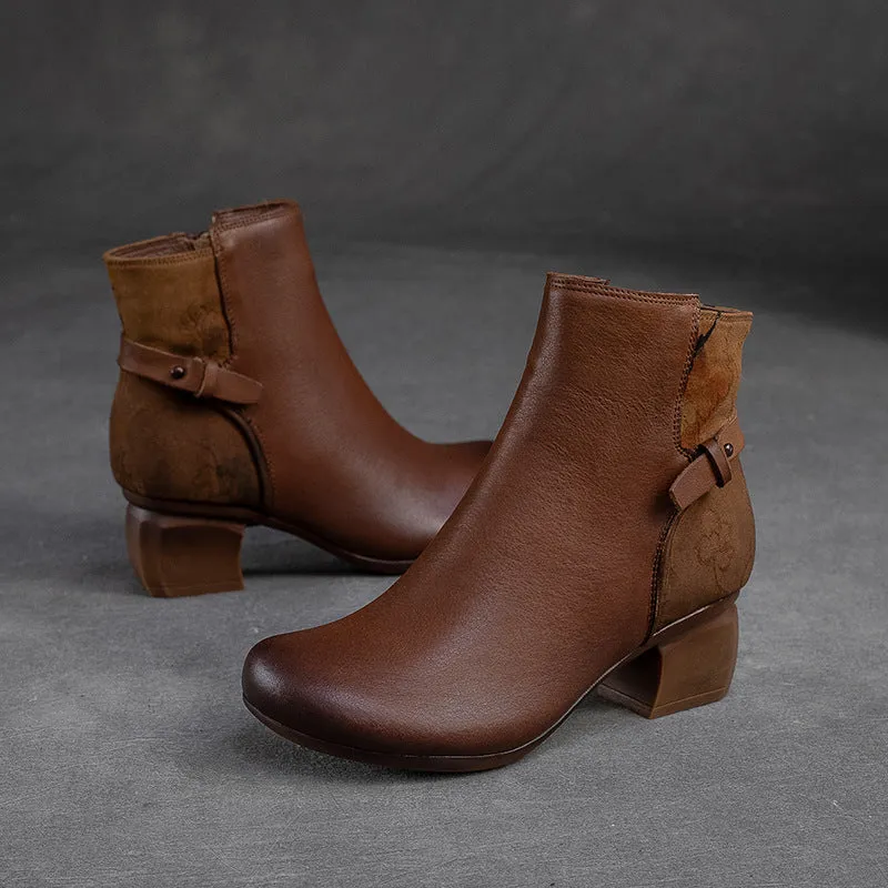 Women Retro Patchwork Handmade Chunky Heel Boots