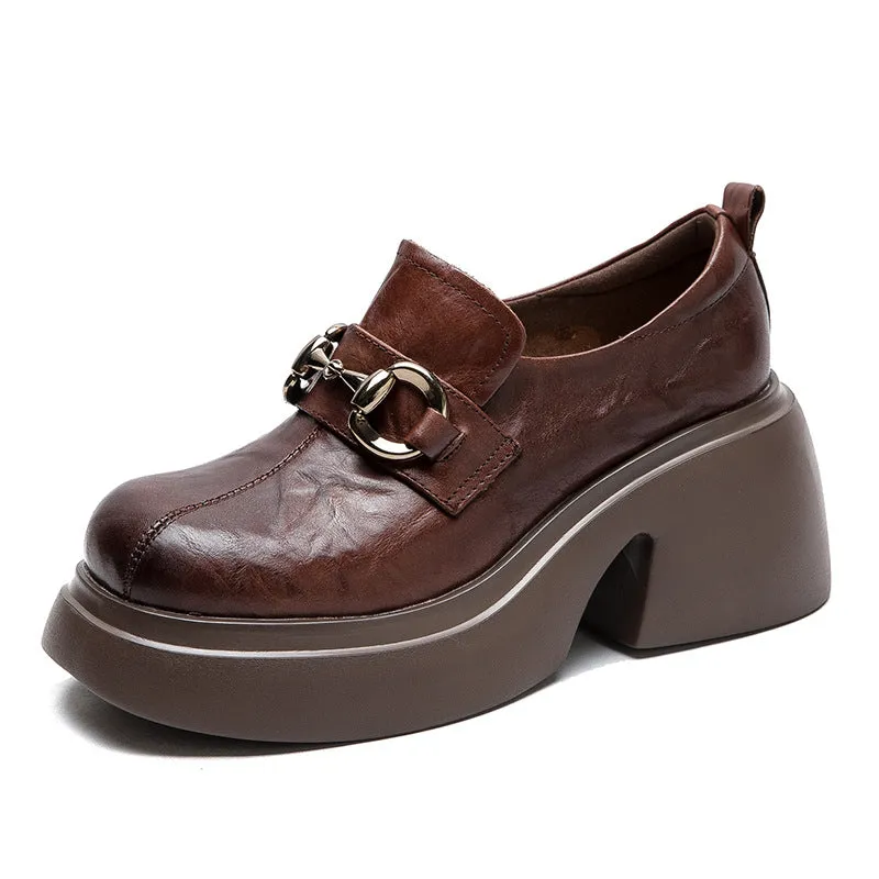 Women Retro Pleated Leather Chunky Heel Loafers