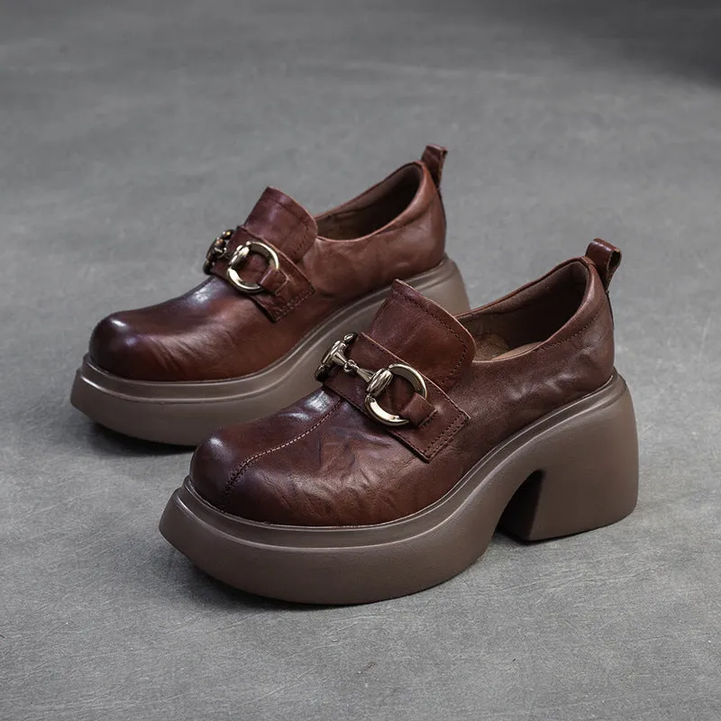 Women Retro Pleated Leather Chunky Heel Loafers