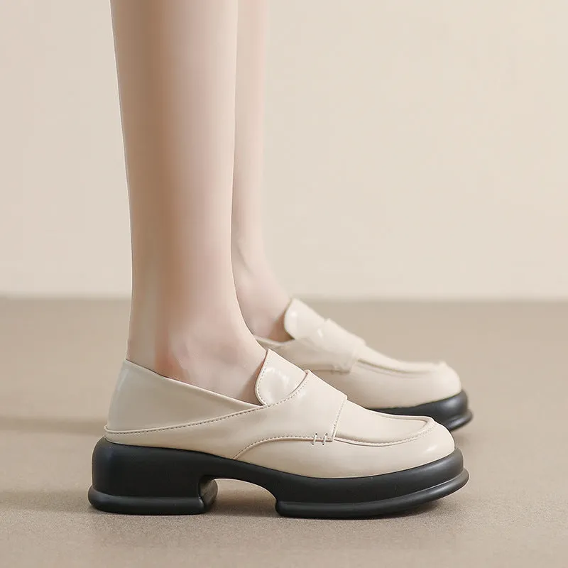Women Retro Round Head Solid Lug Sole Loafers