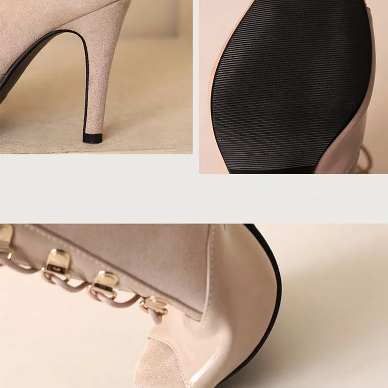 Women's 7cm/9cm Slim Heel Patchwork Leatherette Rubber Sole Peep Toe Lace-up Jazz Shoes Dance Boots